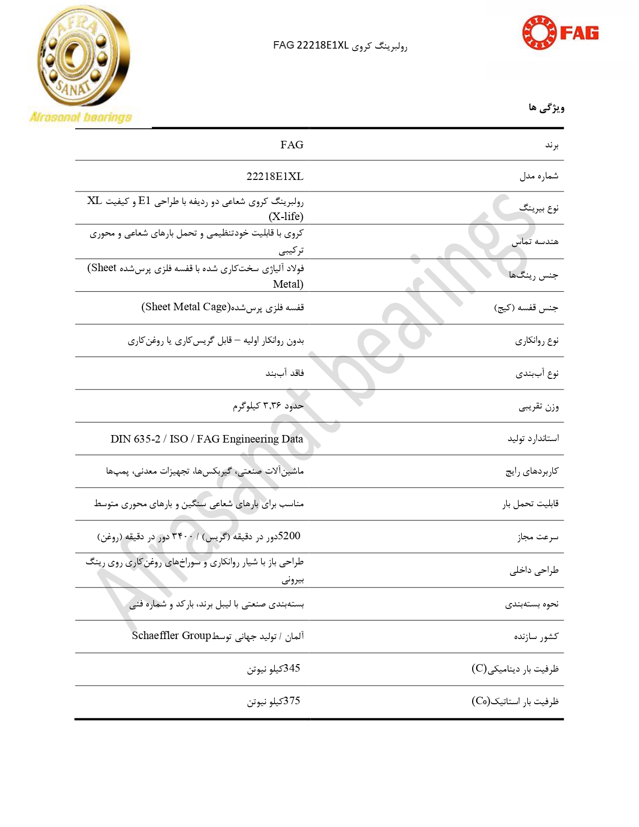 کاتالوگ مشخصات رولبرینگ 22218E1XL FAG