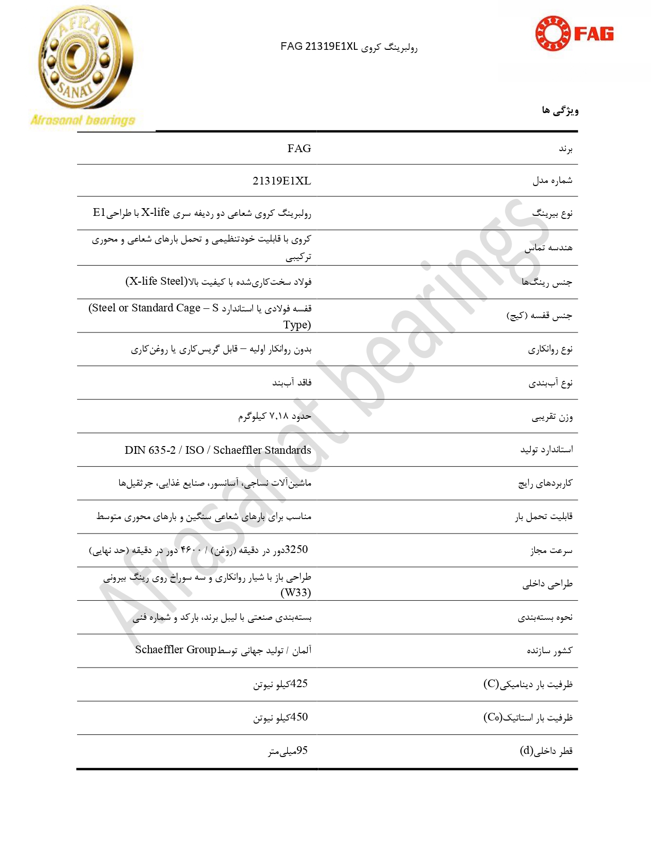 کاتالوگ مشخصات رولبرینگ 21319E1XL FAG