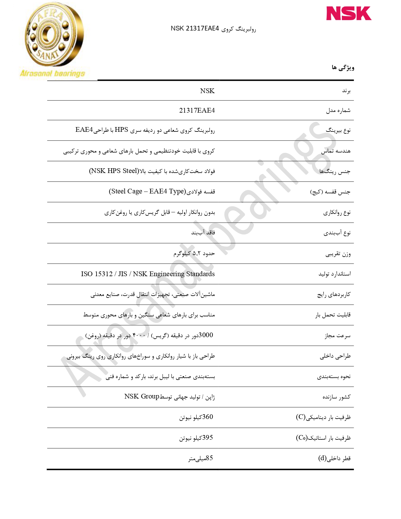 کاتالوگ مشخصات رولبرینگ 21317EAE4 NSK