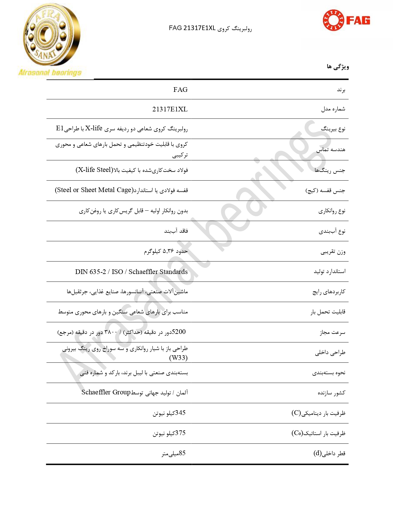 کاتالوگ مشخصات رولبرینگ 21317E1XL FAG