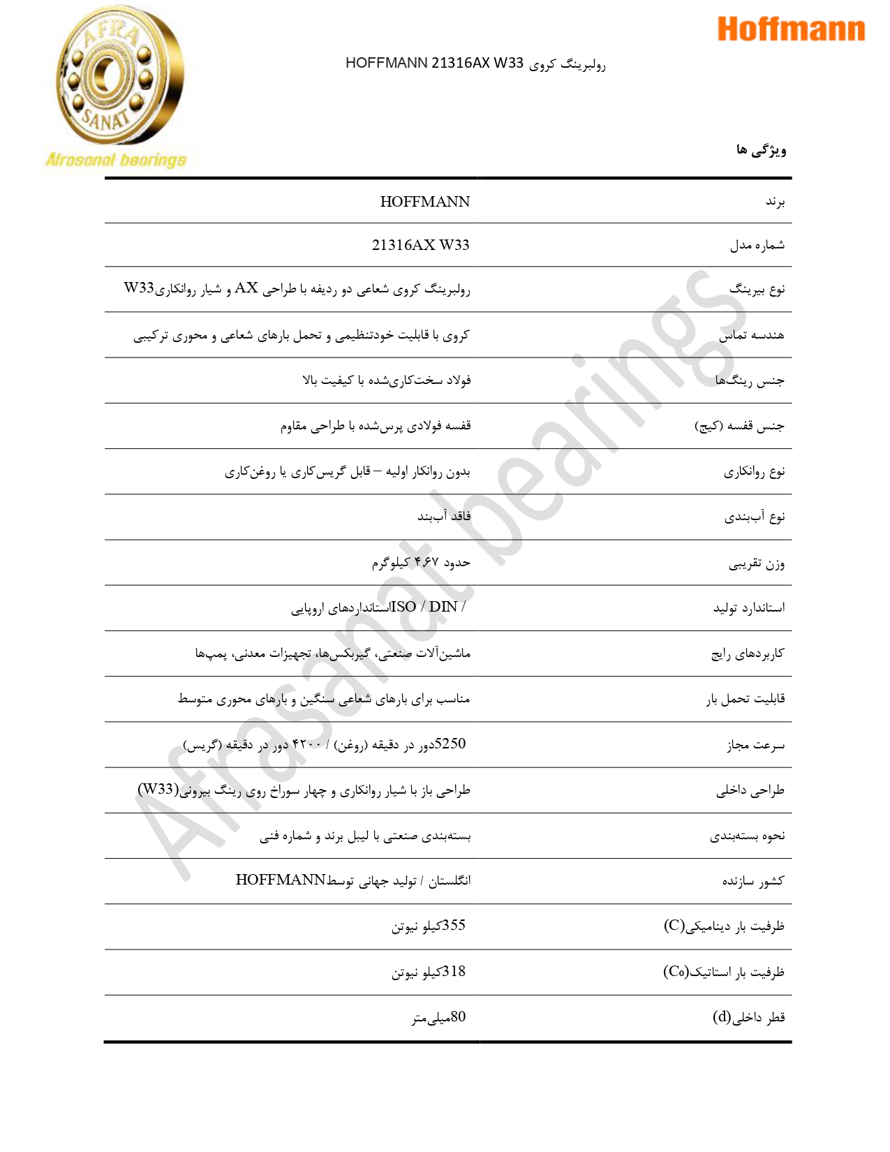 کاتالوگ مشخصات رولبرینگ 21316AX W33 HOFFMANN