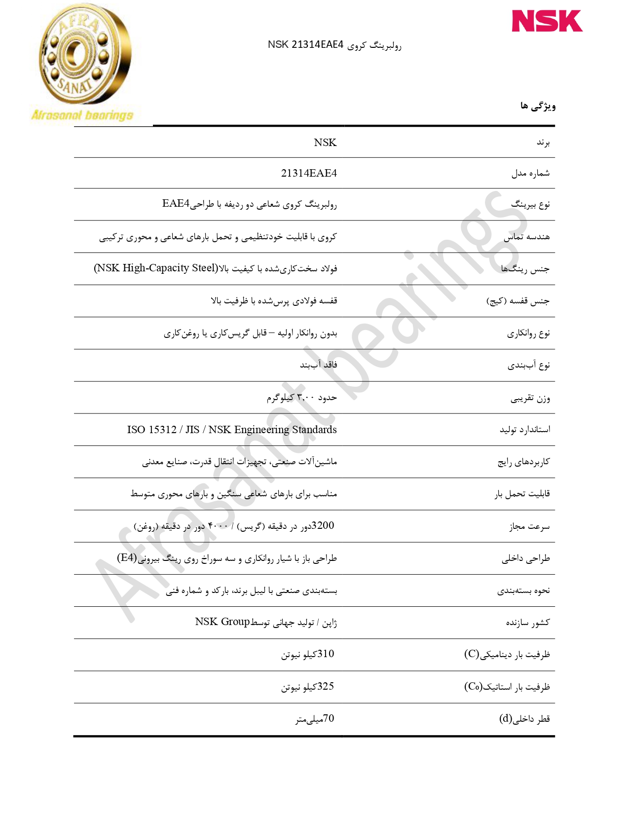 کاتالوگ مشخصات رولبرینگ 21314EAE4 NSK