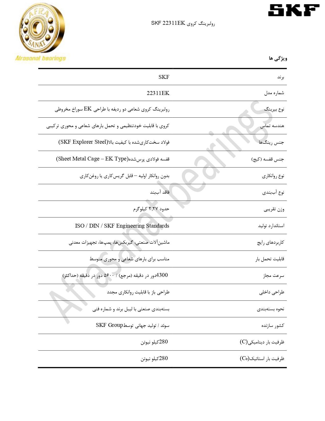 کاتالوگ مشخصات بلبرینگ 22311EK SKF