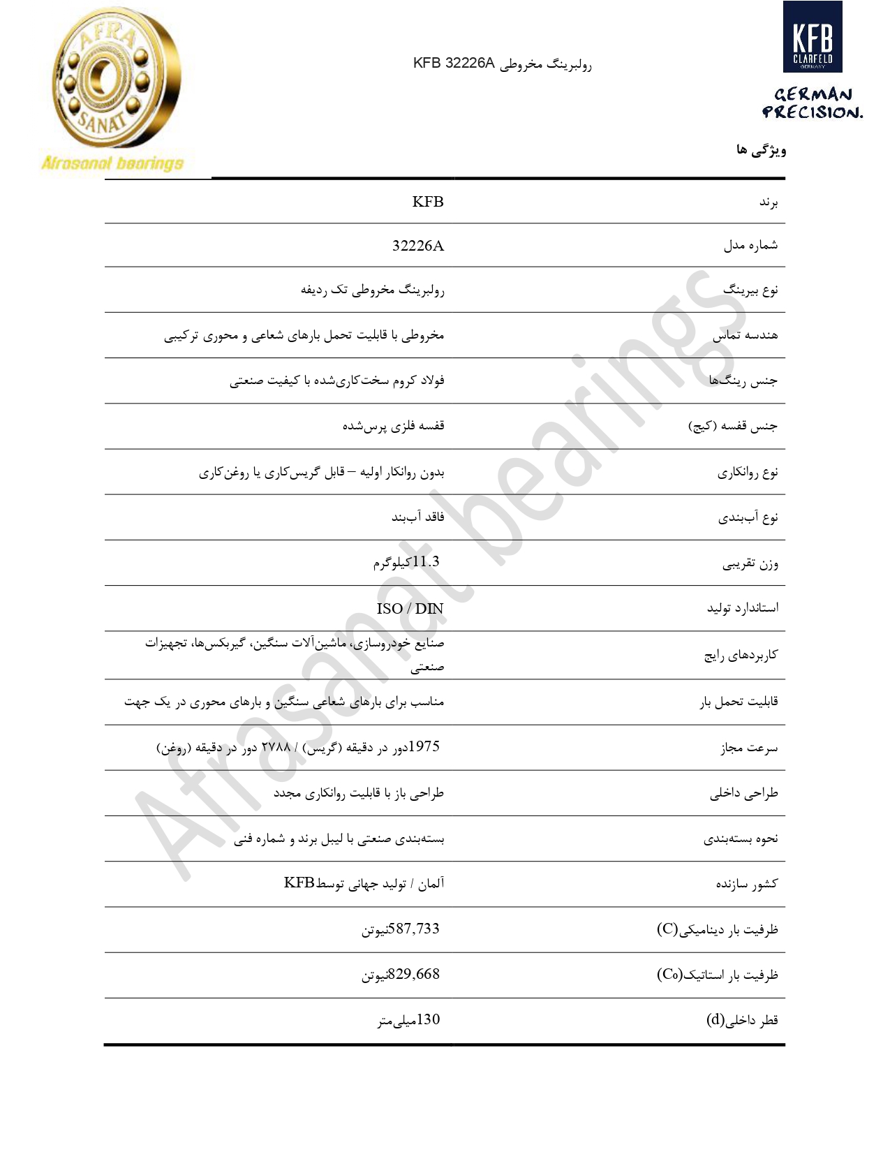 کاتالوگ مشخصات رولبرینگ 32226A KFB
