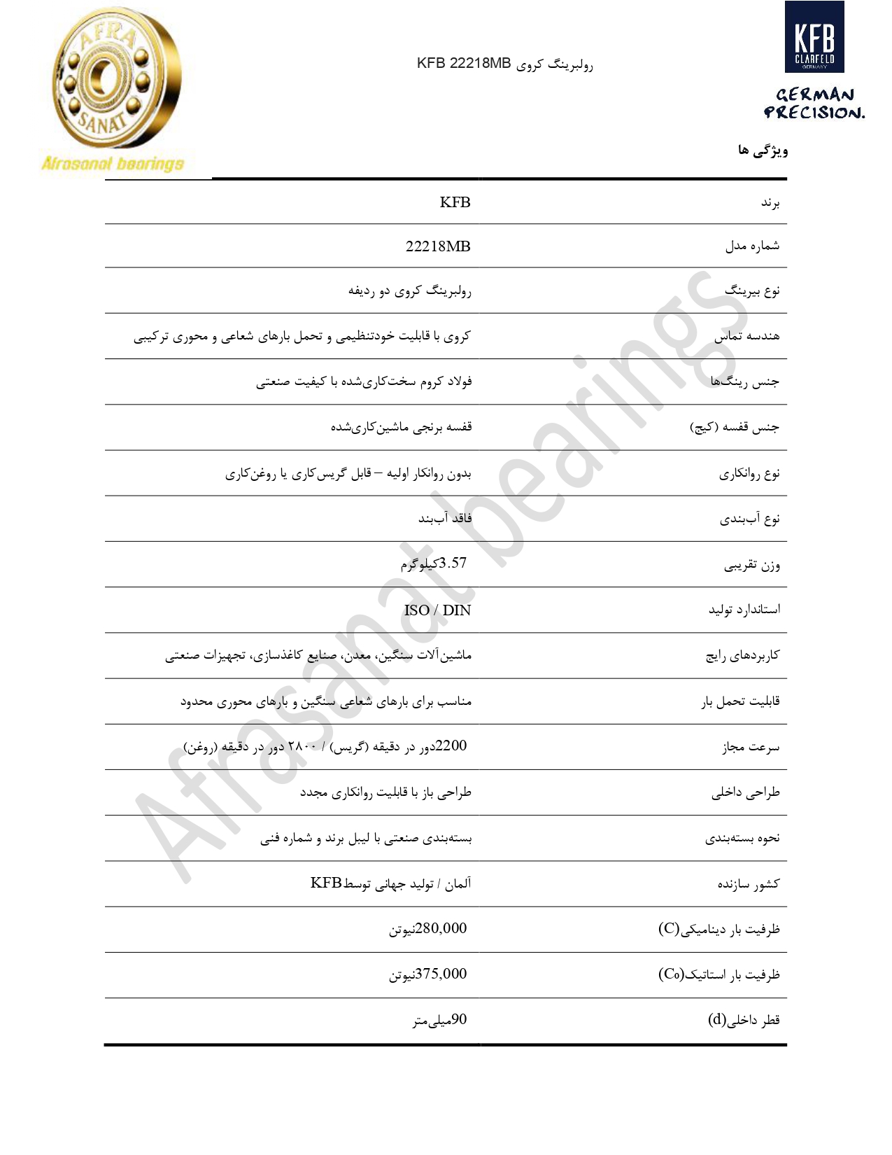 کاتالوگ مشخصات رولبرینگ 22218MB KFB