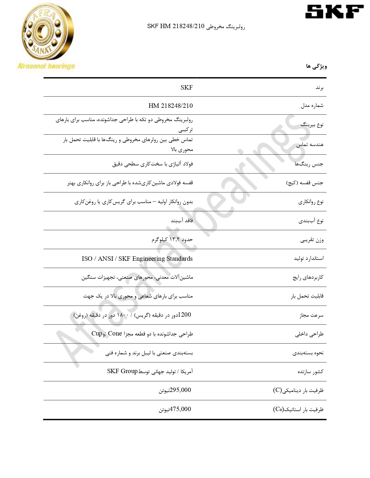 کاتالوگ مشخصات رولبرینگ HM 218248210 SKF