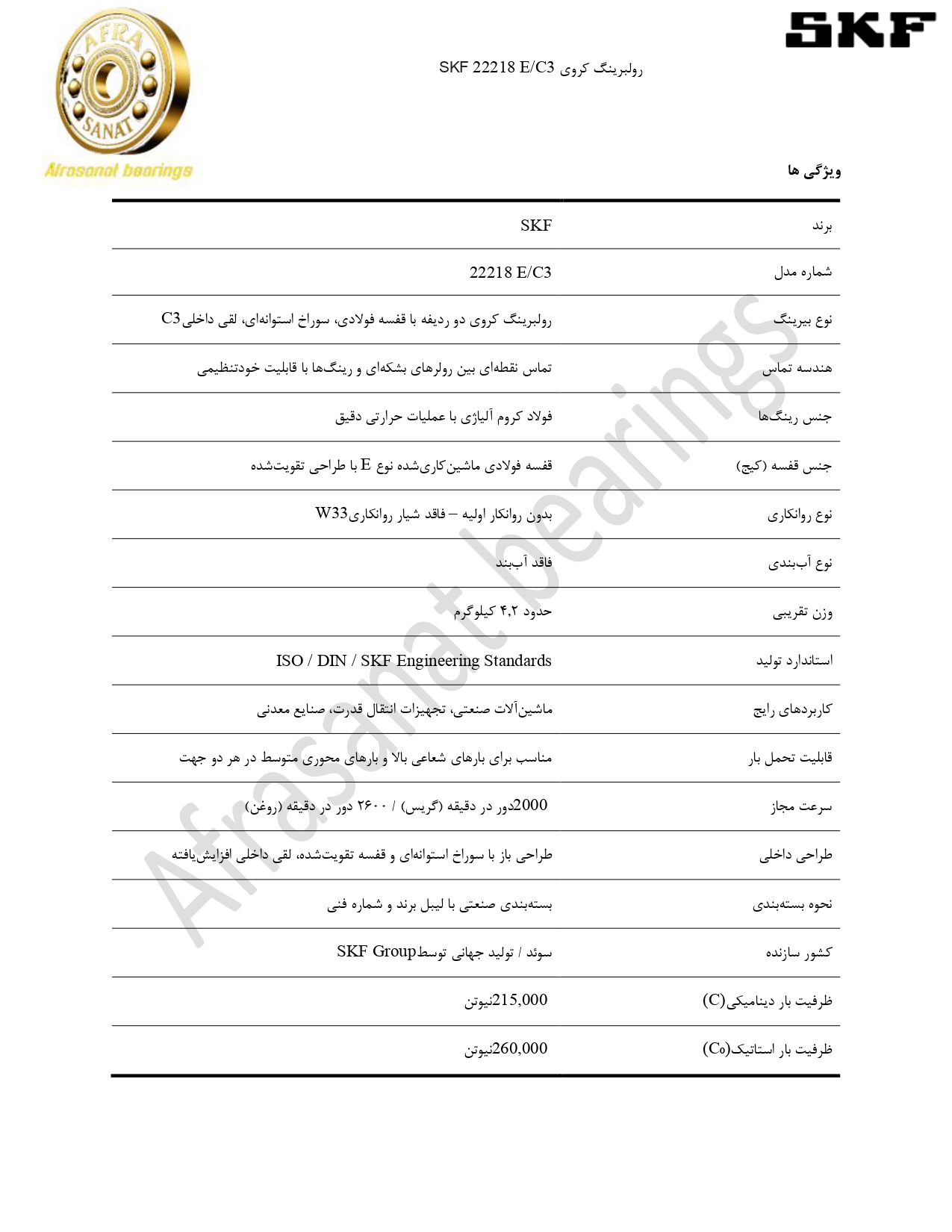 کاتالوگ مشخصات رولبرینگ 22218 EC3 SKF