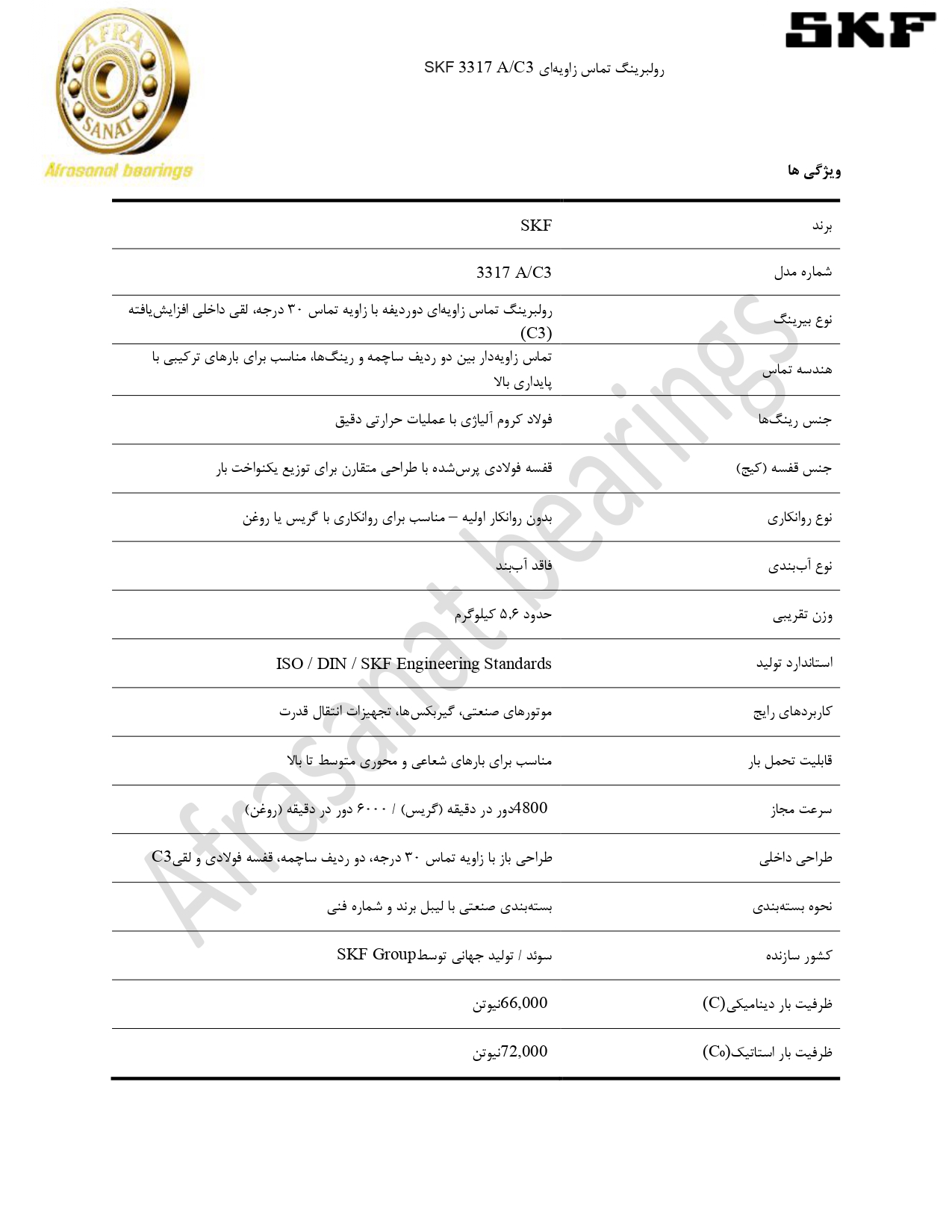 کاتالوگ مشخصات رولبرینگ 3317AC3 SKF