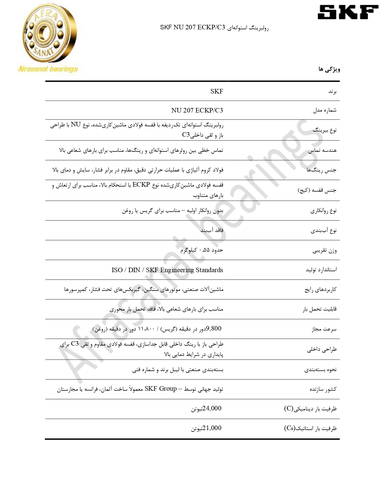 کاتالوگ مشخصات رولبرینگ NU 207 ECKPC3 SKF