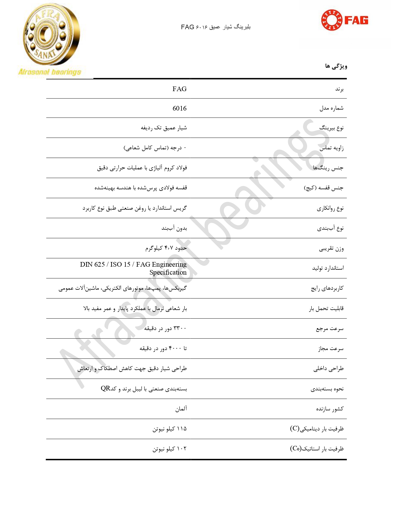 کاتالوگ مشخصات بلبرینگ 6016 FAG