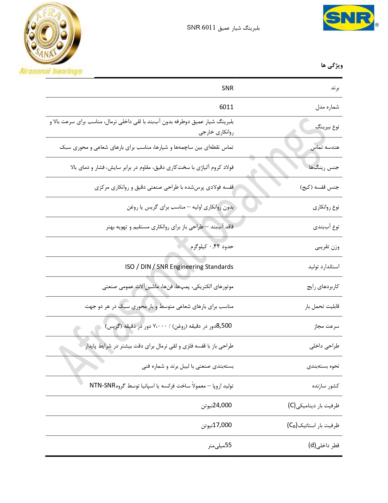 کاتالوگ مشخصات بلبرینگ 6011 SNR