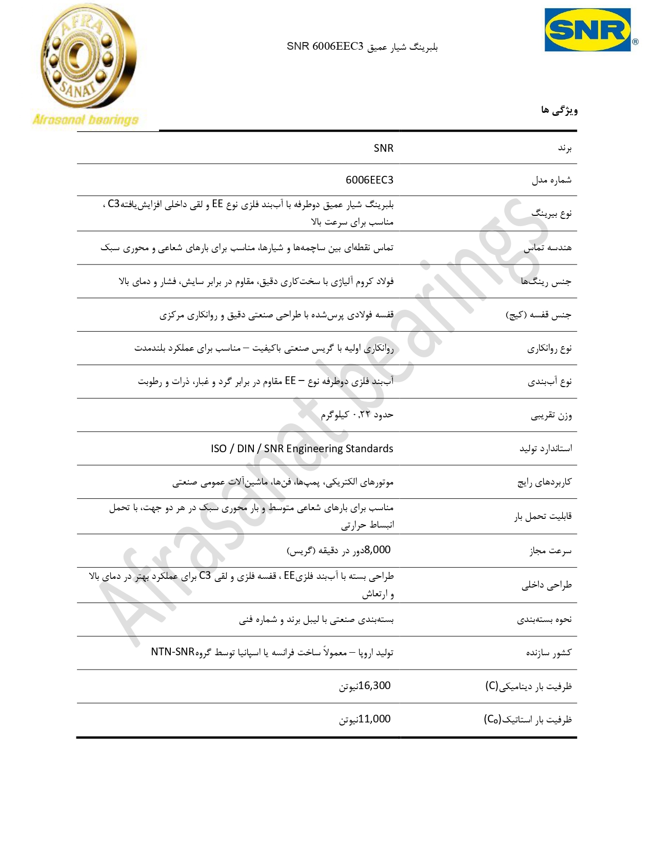 کاتالوگ مشخصات بلبرینگ 6006EEC3 SNR