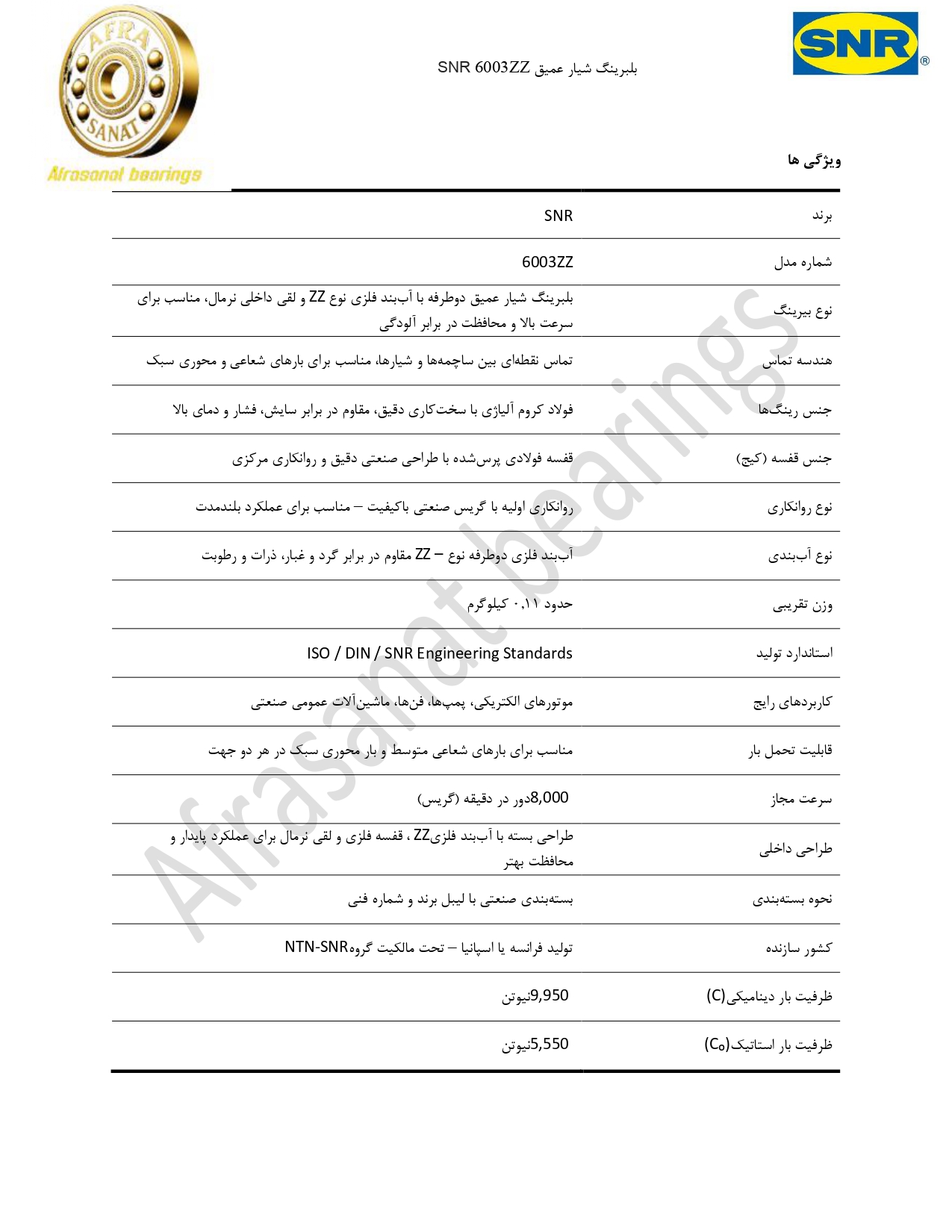 کاتالوگ مشخصات بلبرینگ 6003ZZ SNR