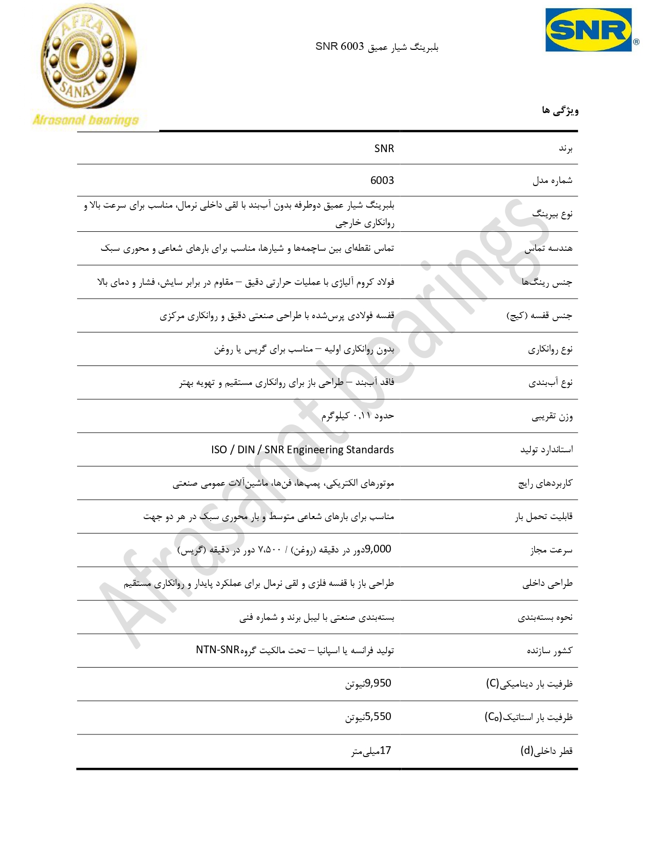 کاتالوگ مشخصات بلبرینگ 6003 SNR