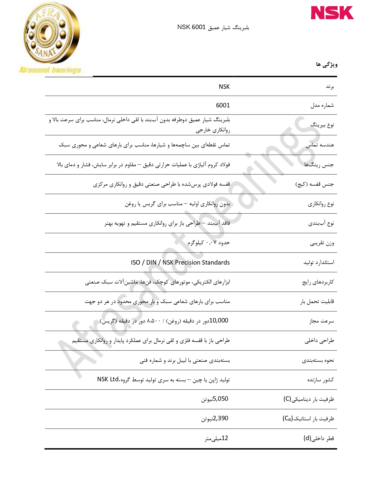 کاتالوگ مشخصات بلبرینگ 6001 NSK