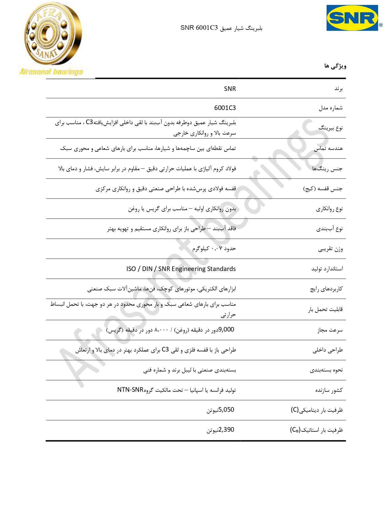کاتالوگ مشخصات بلبرینگ 6001C3 SNR