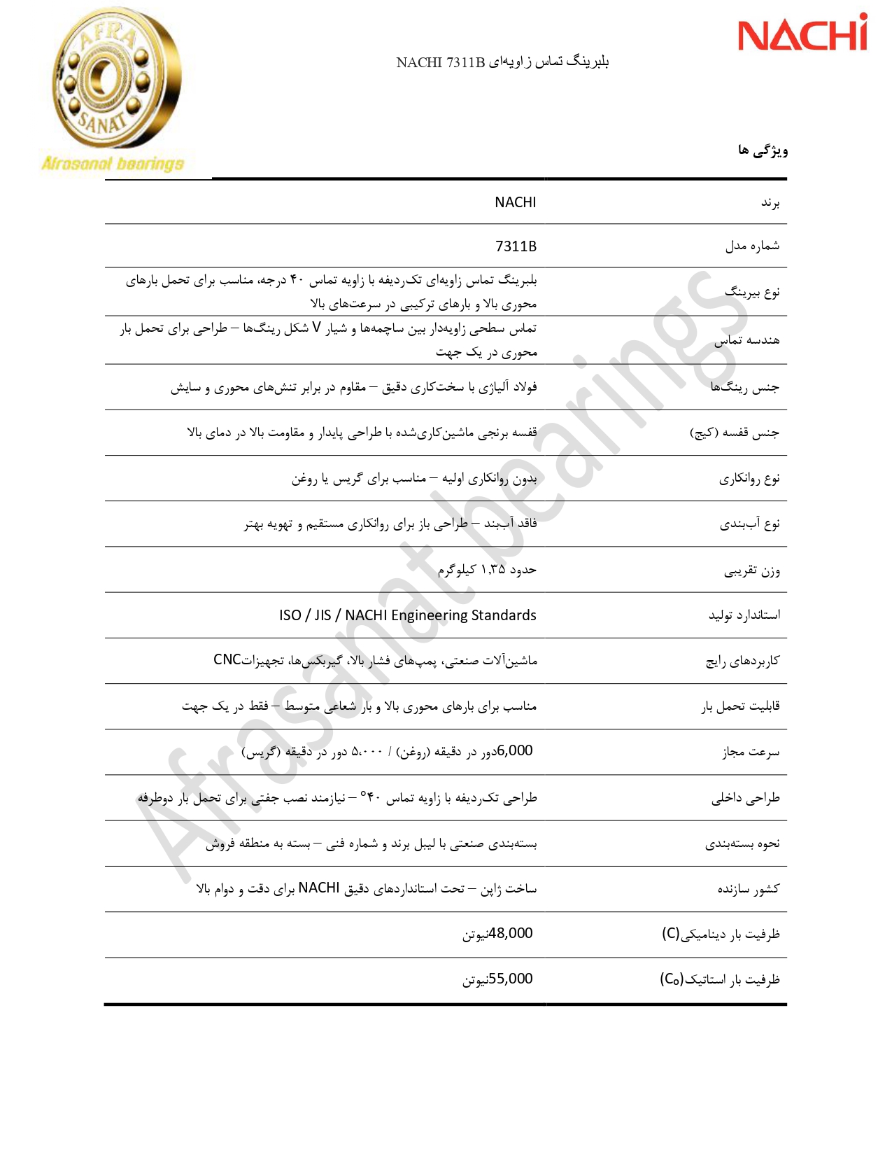 کاتالوگ مشخصات بلبرینگ 7311B NACHI