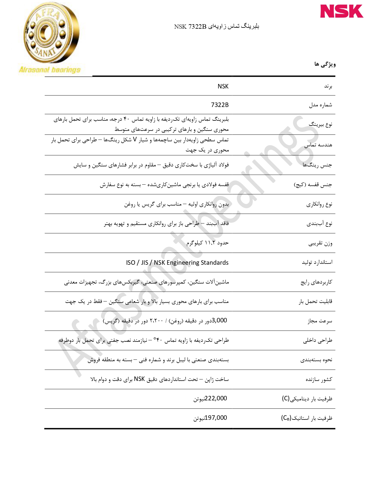 کاتالوگ مشخصات 7322B NSK