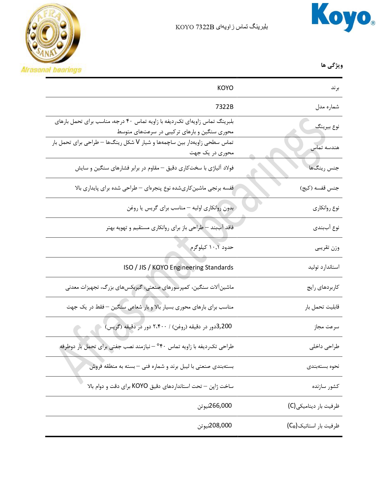 کاتالوگ مشخصات 7322B KOYO