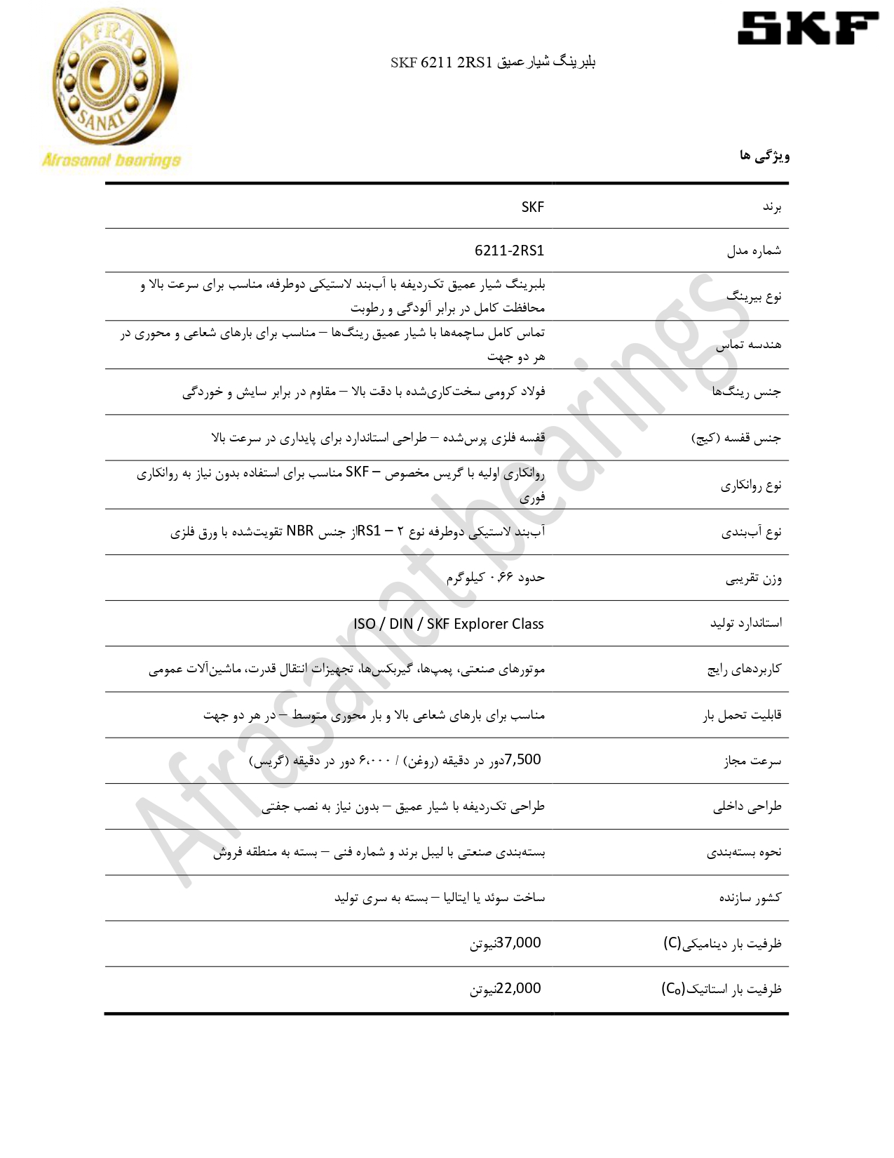 کاتالوگ مشخصات 62112RS1 SKF