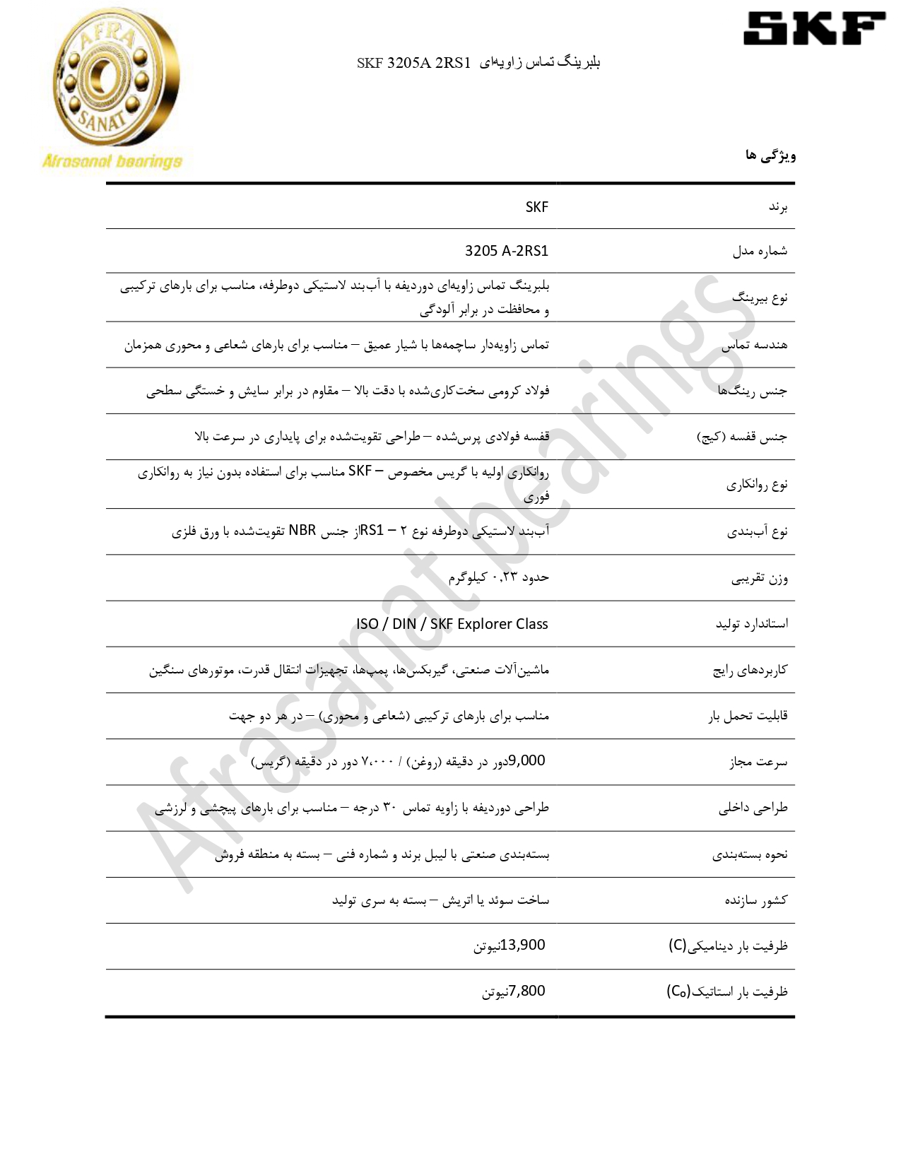 کاتالوگ مشخصات 3205A2RS1 SKF
