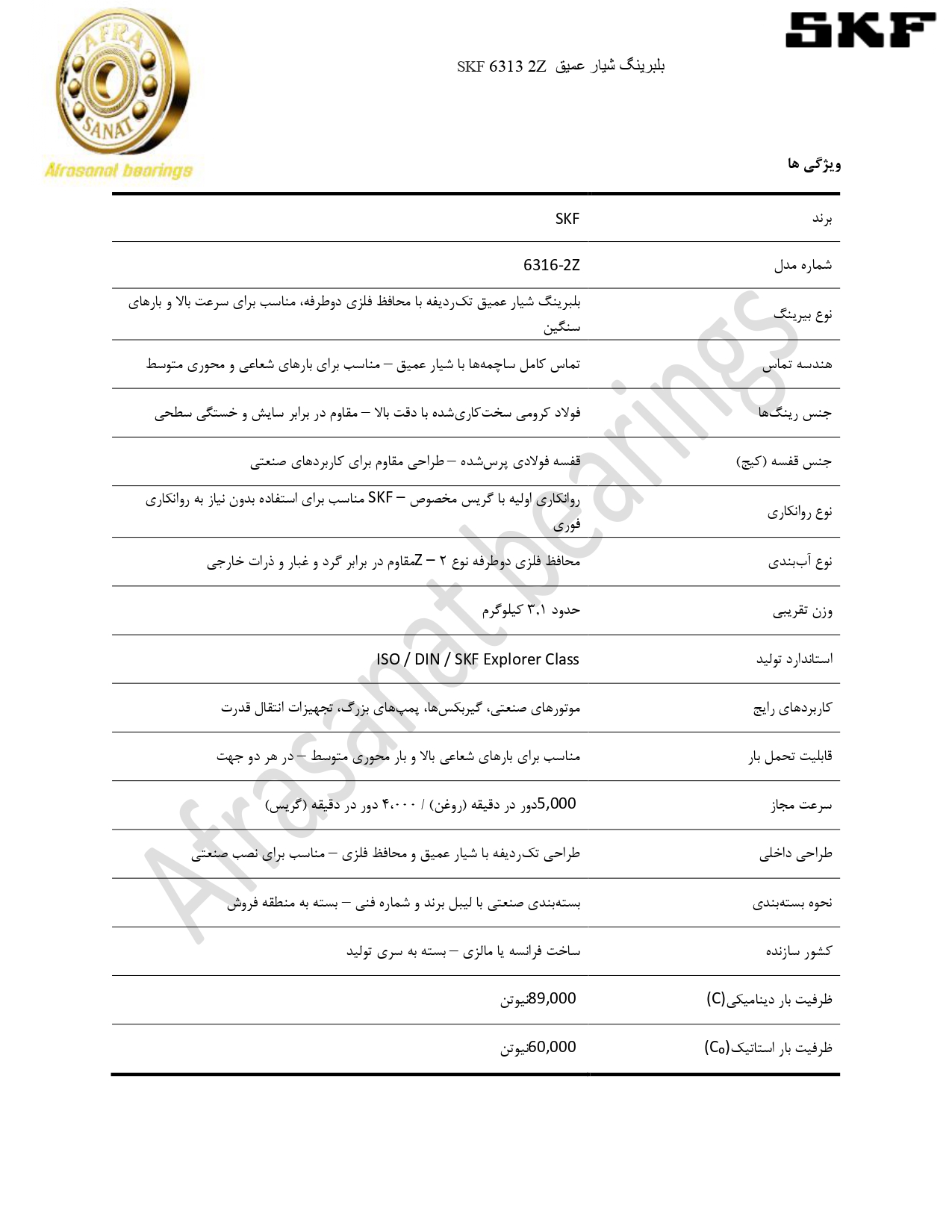 کاتالوگ مشخصات 6316 2Z SKF