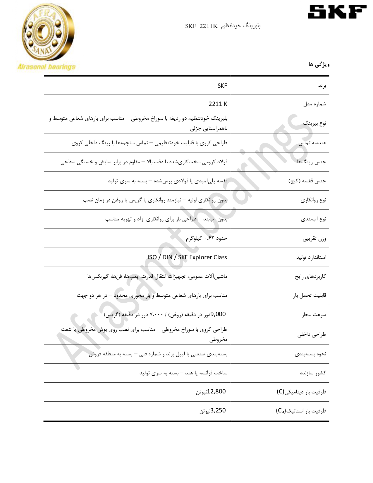 کاتالوگ مشخصات بلبرینگ 2211K SKF