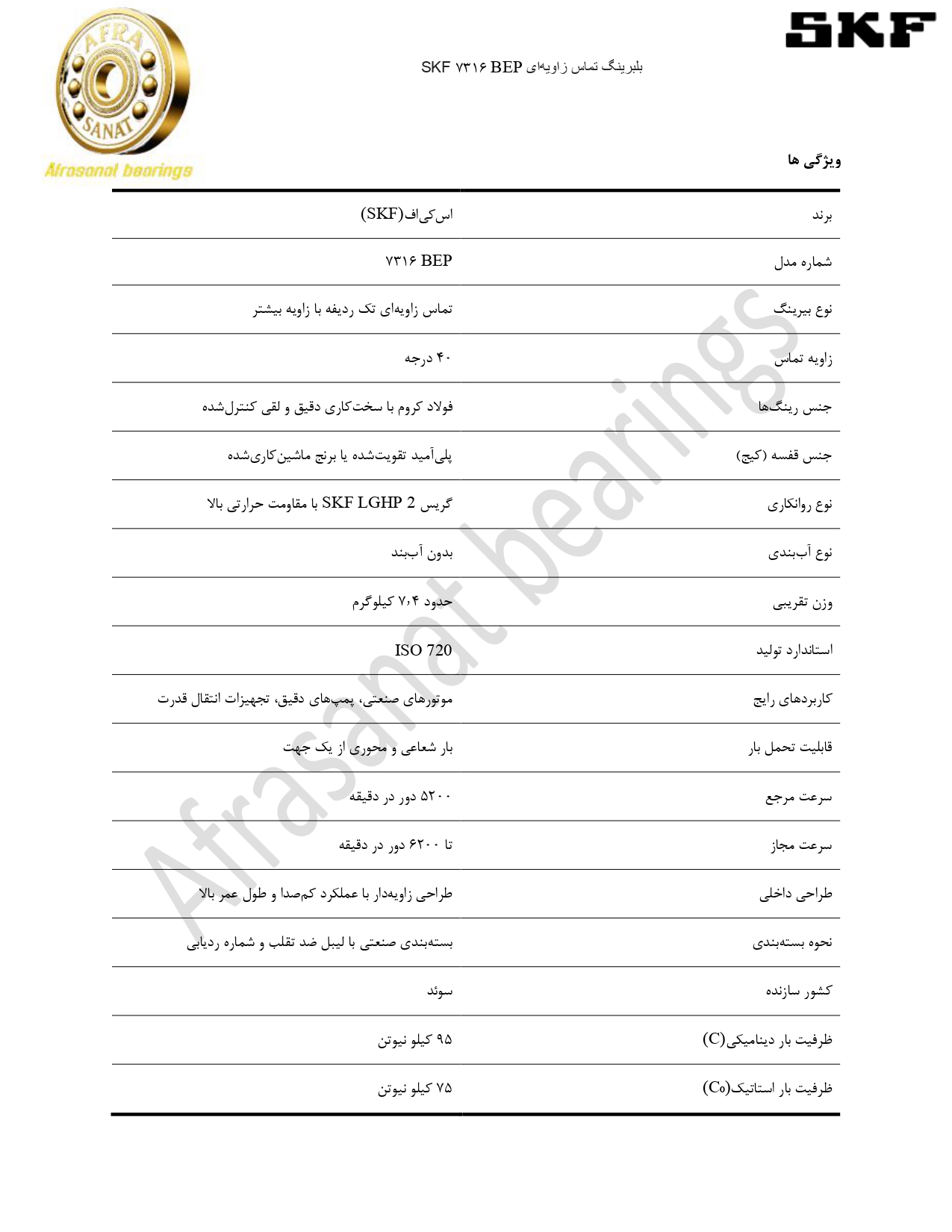 کاتالوگ مشخصات بلبرینگ 7316 BEP SKF