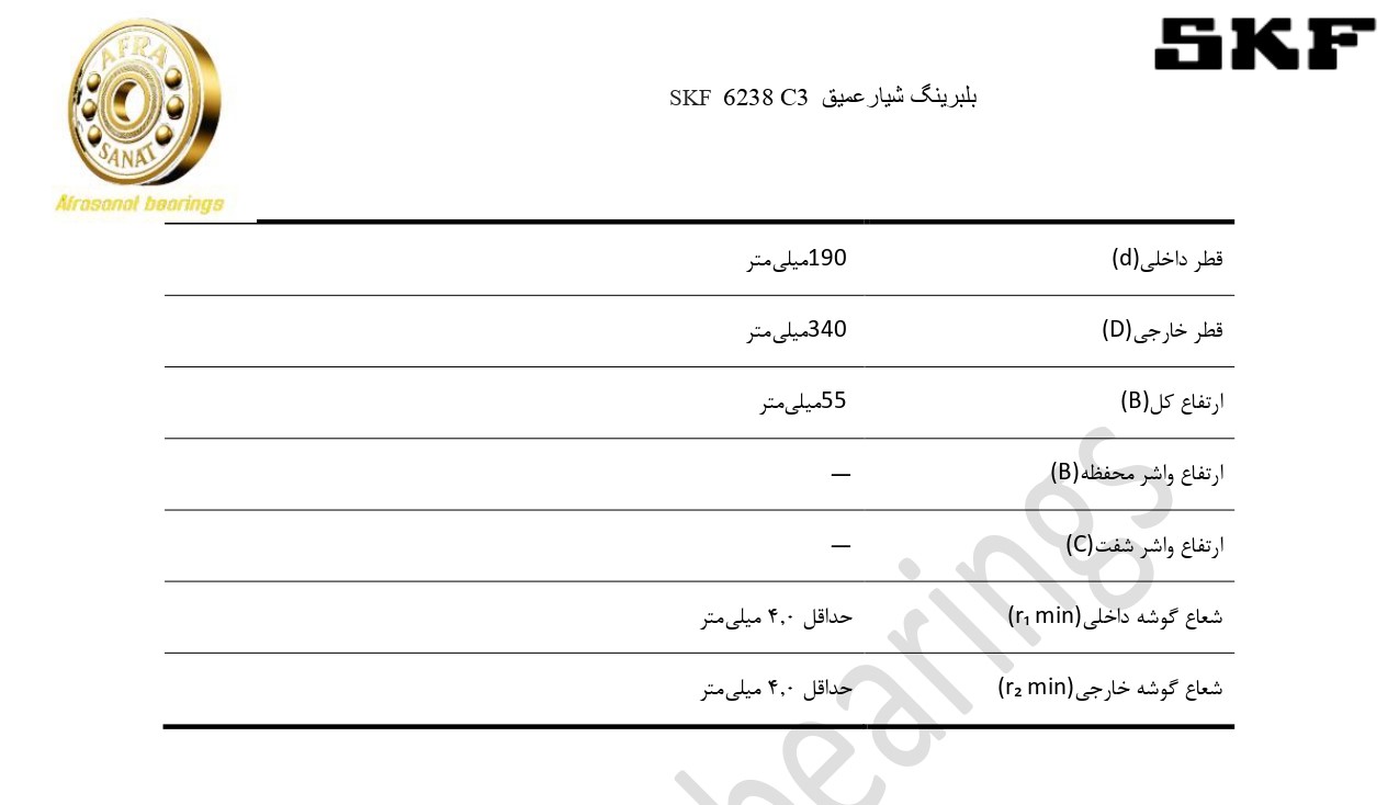 کاتالوگ مشخصات بلبرینگ 6238C3 SKF