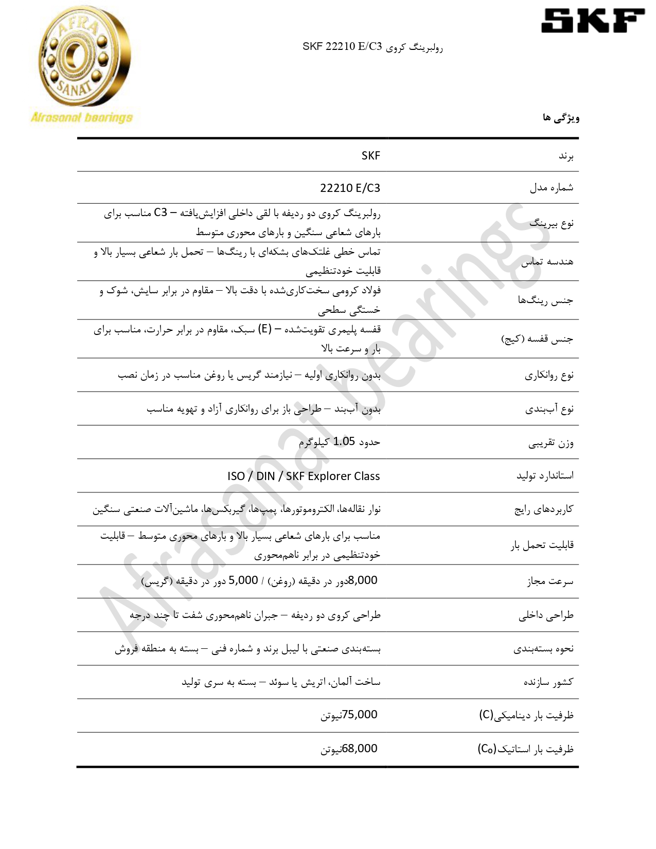 کاتالوگ مشخصات رولبرینگ 22210 E/C3 SKF