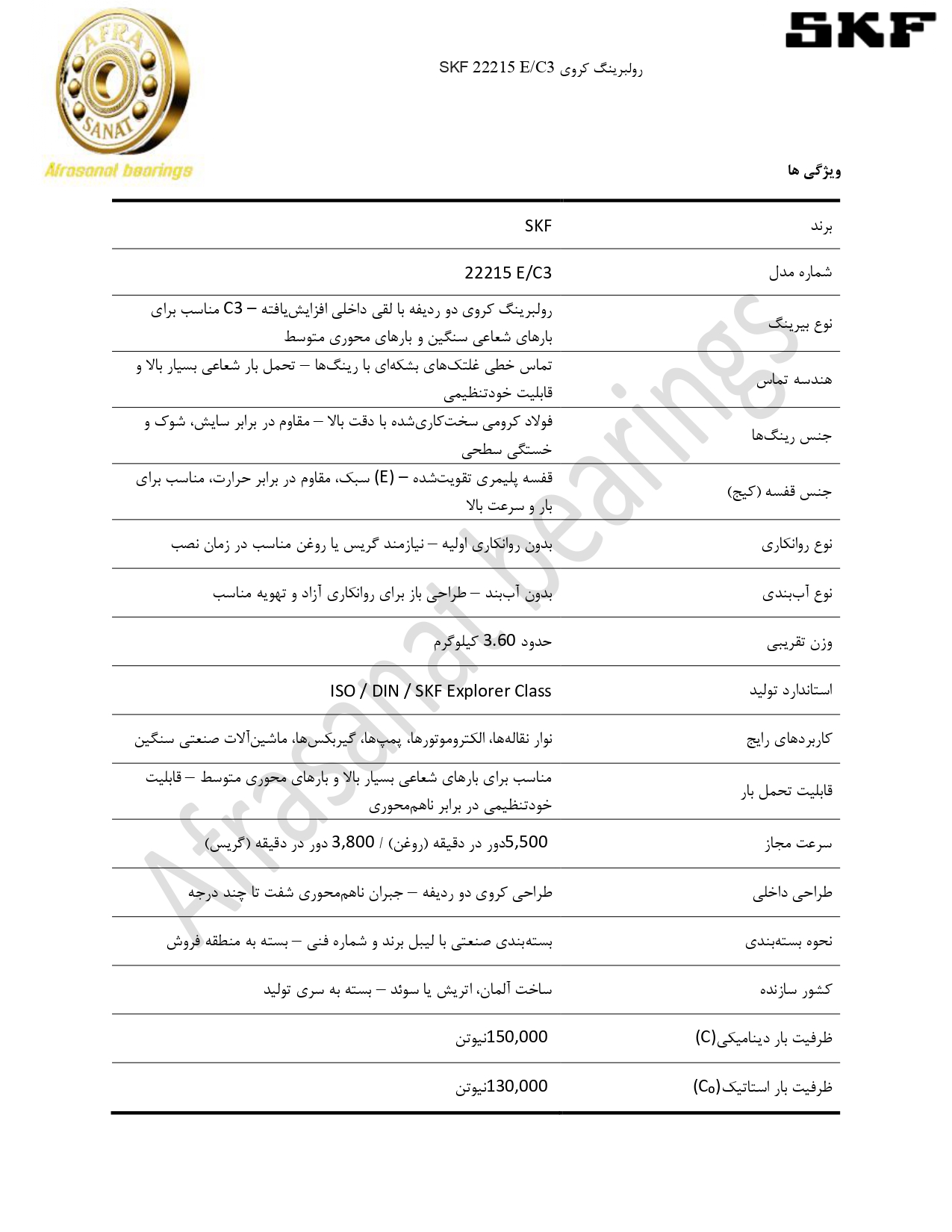 کاتالوگ مشخصات رولبرینگ 22215 E/C3 SKF