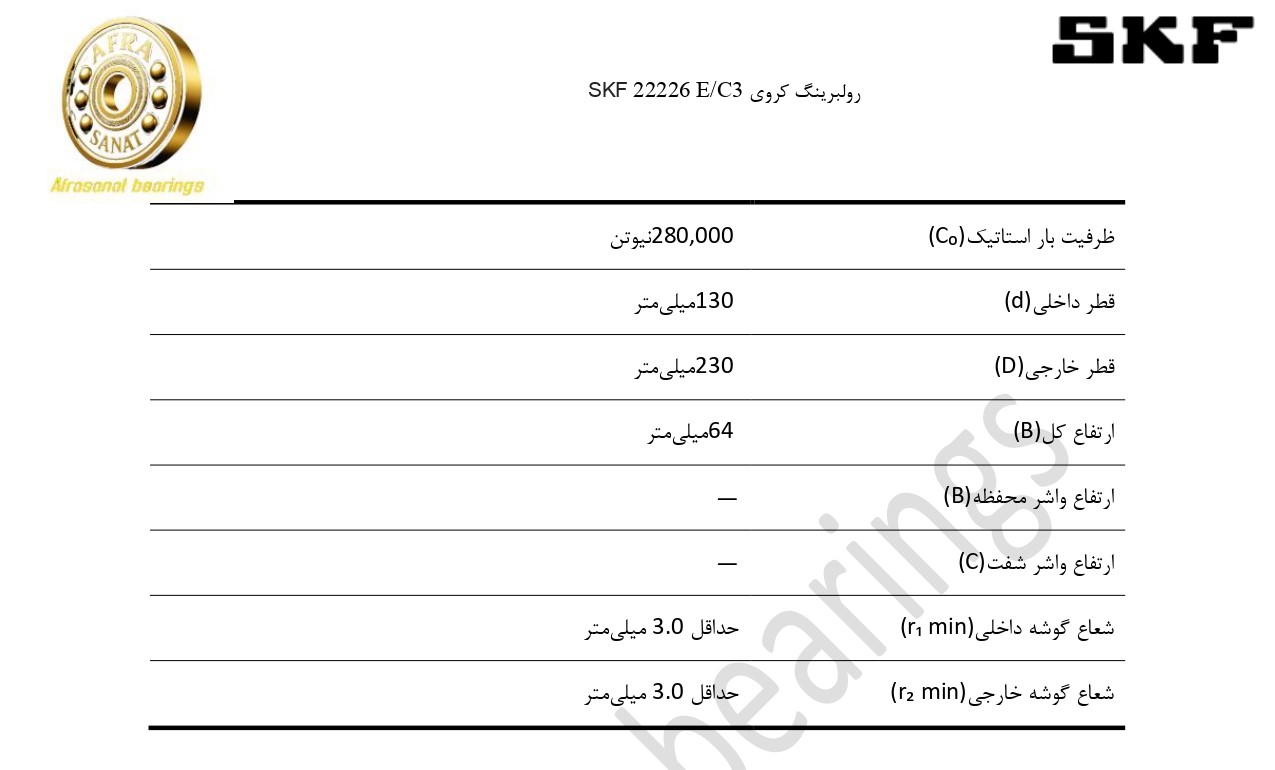 کاتالوگ مشخصات رولبرینگ 22226 E/C3 SKF