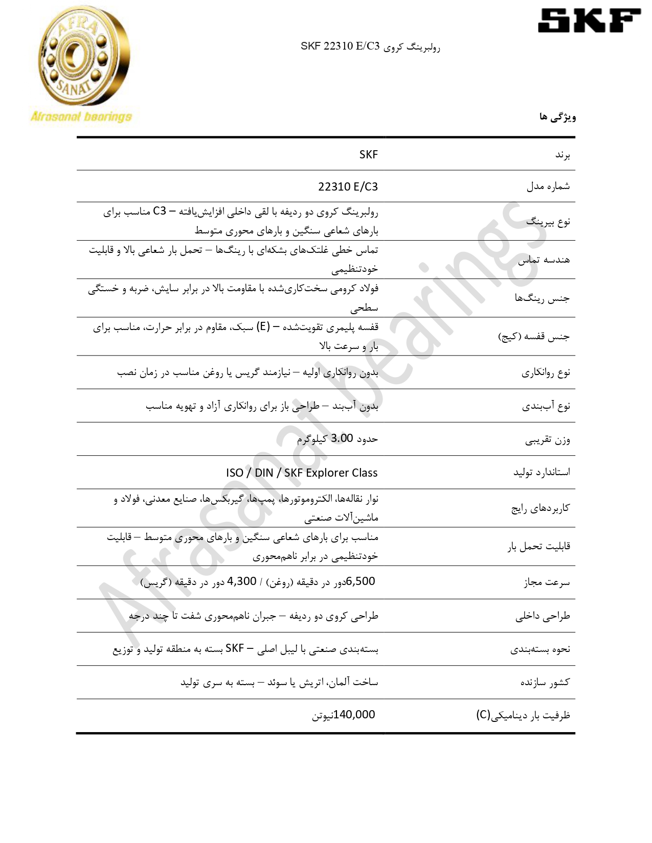 کاتالوگ مشخصات رولبرینگ 22310 E/C3 SKF