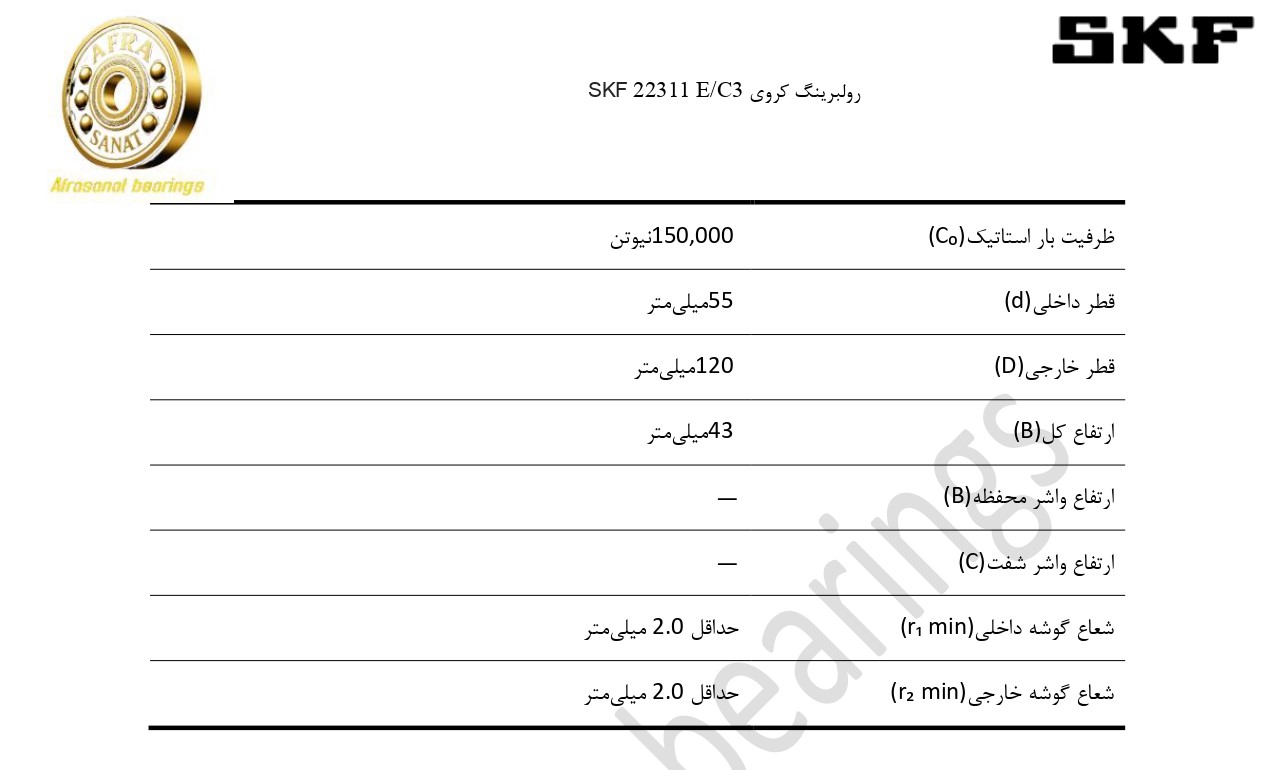 کاتالوگ مشخصات رولبرینگ 22311 E/C3 SKF