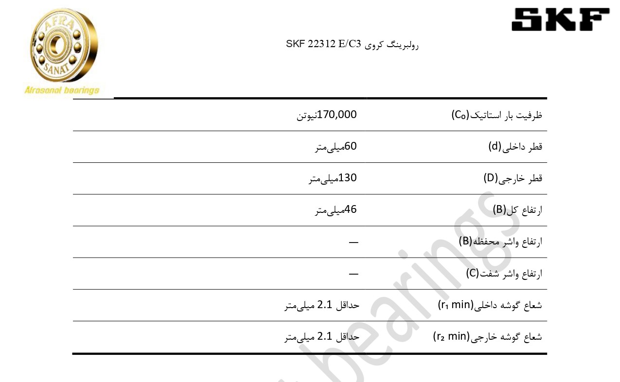 کاتالوگ مشخصات رولبرینگ 22312 E/C3 SKF