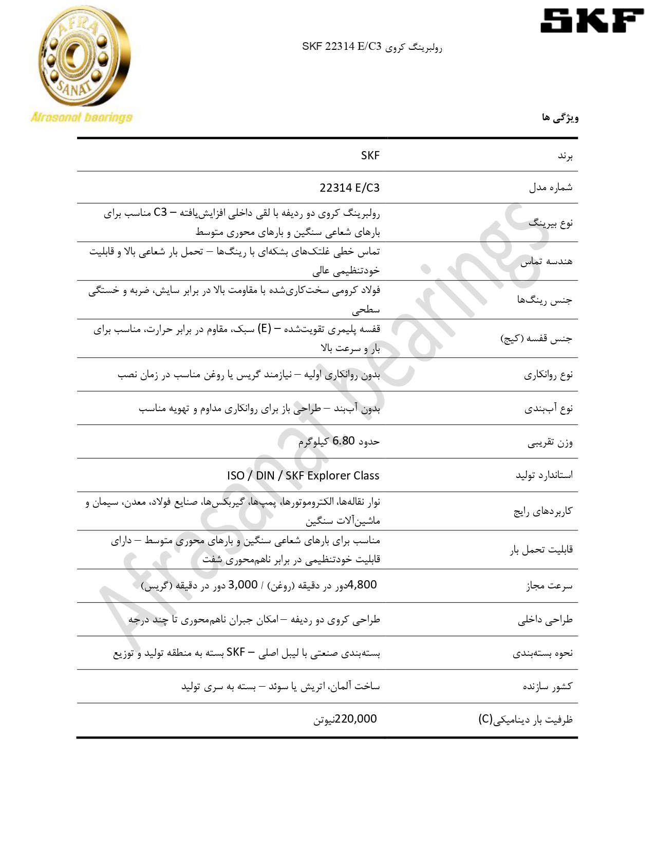 کاتالوگ مشخصات رولبرینگ 22314 E/C3 SKF