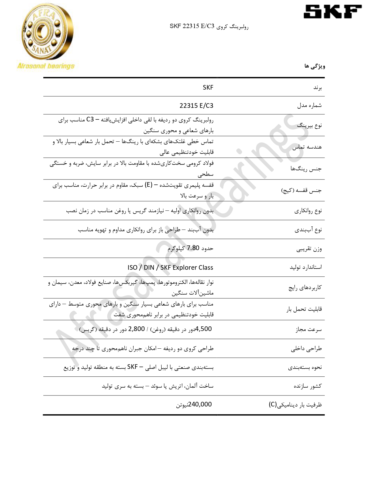 کاتالوگ مشخصات رولبرینگ 22315 E/C3 SKF