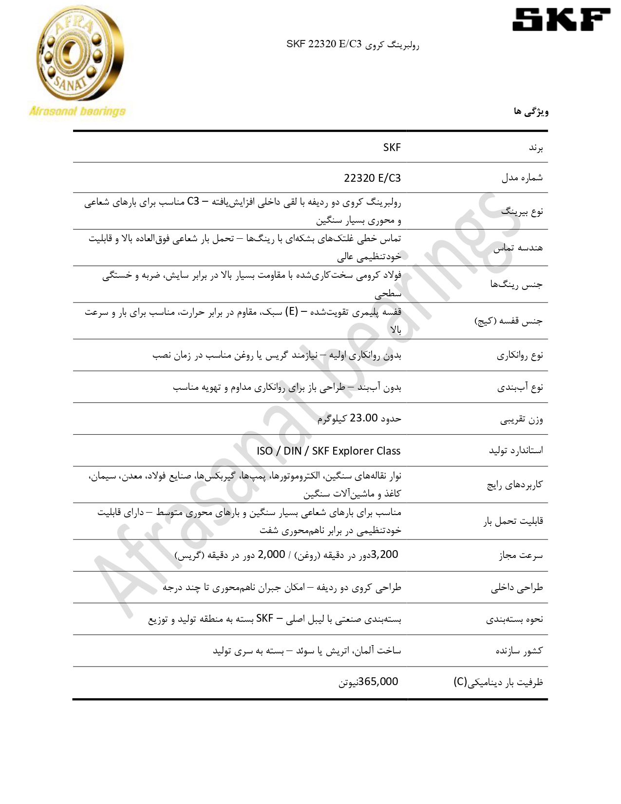 کاتالوگ مشخصات رولبرینگ 22320 E/C3 SKF