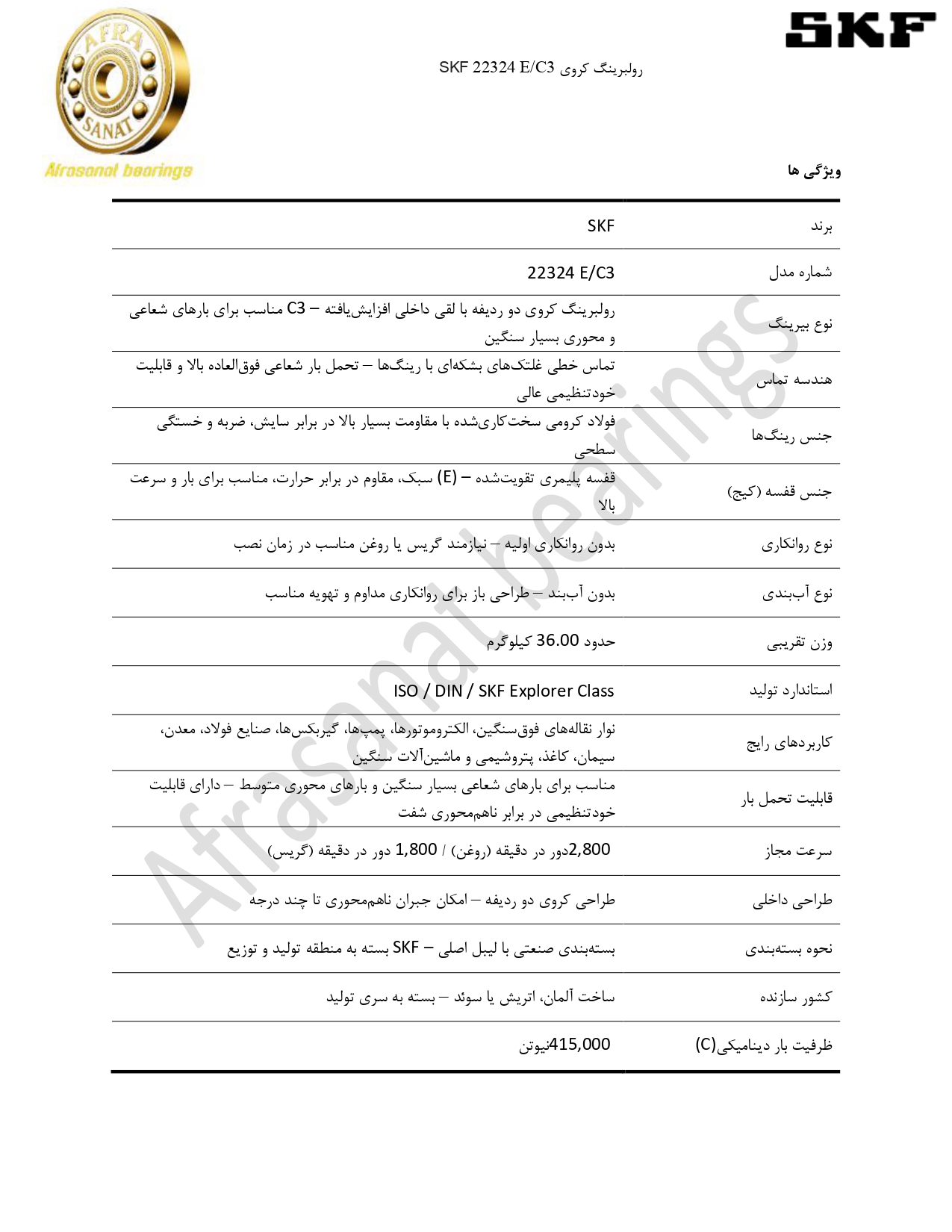 کاتالوگ مشخصات رولبرینگ 22324 E/C3 SKF